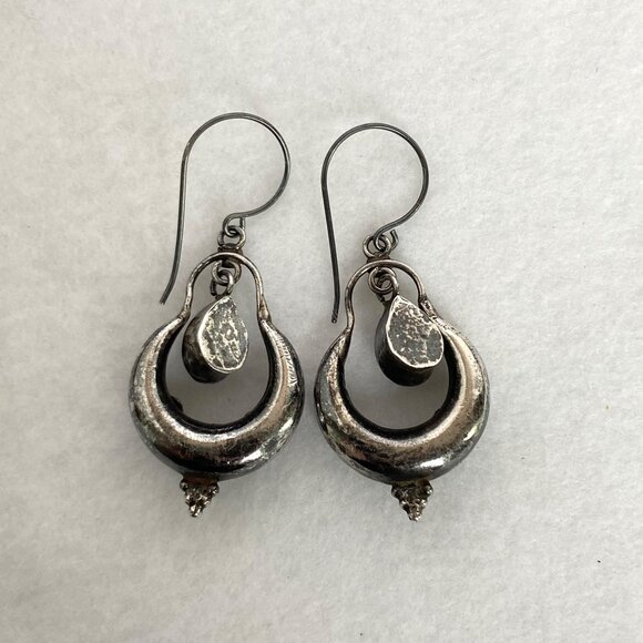 VTG Oxidized Sterling Silver 925 1.86" Amethyst Cabochon Dangle Drop Earrings - Picture 8 of 16